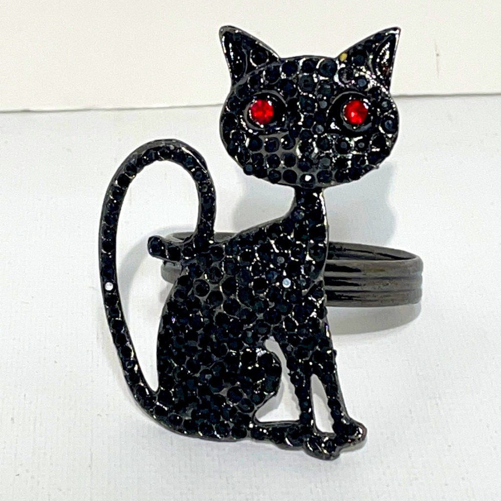 Halloween Black Cat New In Box! Tahari Rhinestone Napkin Rings!